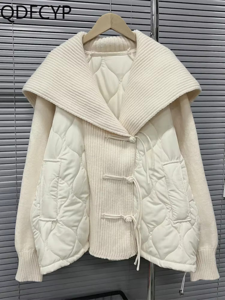 Women's Coats Autumn Winter 2024 New Loose Sweet Knit Cardigan Jacket Elegant Lace-Up Thickening Cottonpatchwork Parka For Women