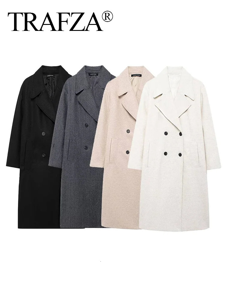 TRAFZA Women Winter Casual Wool Blend Notched Lapel Collar Coat Chic Doublebreasted Trench Coats Oversized Female Long Jackets 250110