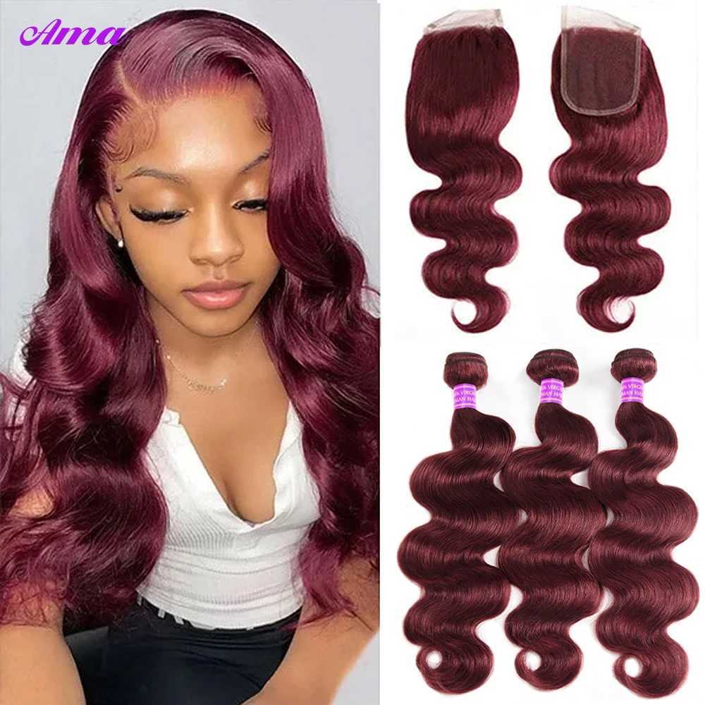 5x5 Clo With Bundles 99j Burgunday Body Wave Bundles With Clo 3/4PCS Colored Human Hair Bundles With Clo 4x4 InchXJ250120