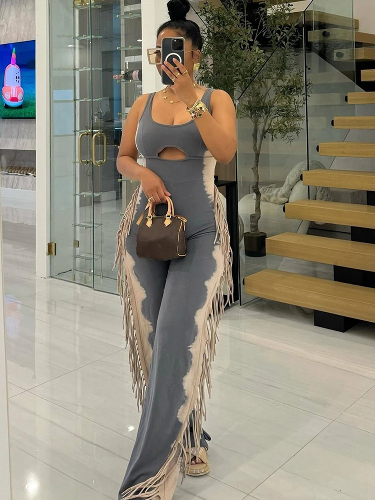 Womens High Street Strapless Jumpsuit with Tassel Summer Ladies Stretchy Jumpsuit Sleeveless Tank Collar Sexy Long Jumpsuits 250109