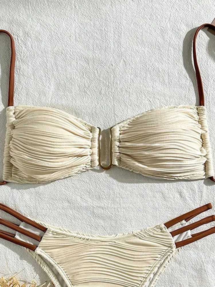 Sexy Solid Pleat Lace Up Bikinis 2 Piece Set Women Split Swimsuit High Waist Beach Bikinis 2025 New Summer Swimwear Bikinis SetXJ250120