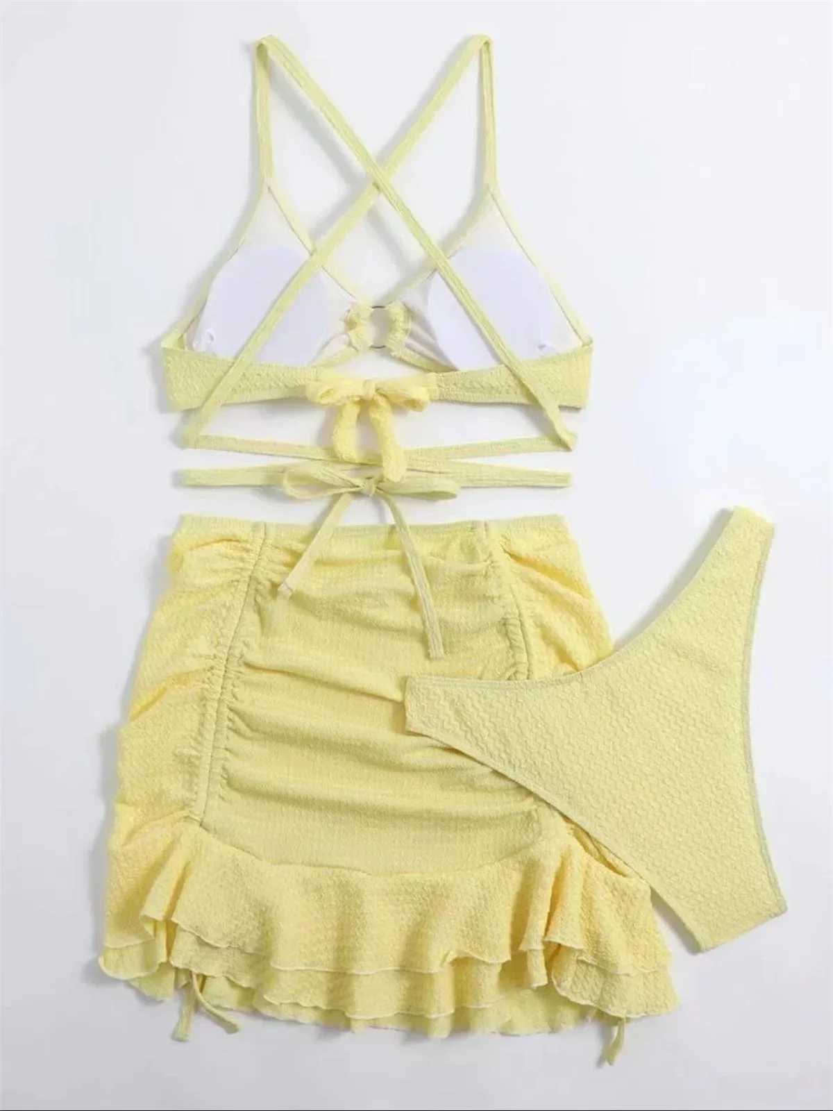 Sexy Yellow Bikini Women Solid Halter Ring Linked Criss Cross Cover Up 3 Piece Swimsuit 2024 Bathing Suit Ruffles Skirt SwimwearXJ250120