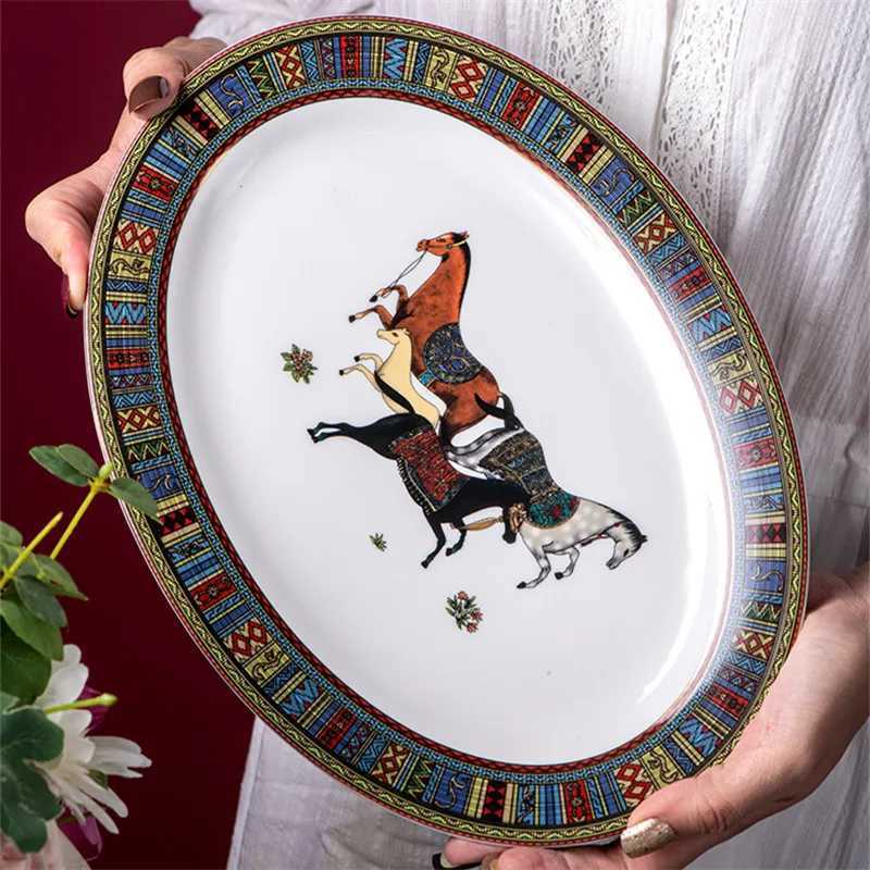 Ceramic Steak Plate Soup Dish Spoon Bowl Porcelain Luxury European Food Kitchen Tableware Set Wedding Gift Present 8/10 Inches X250129