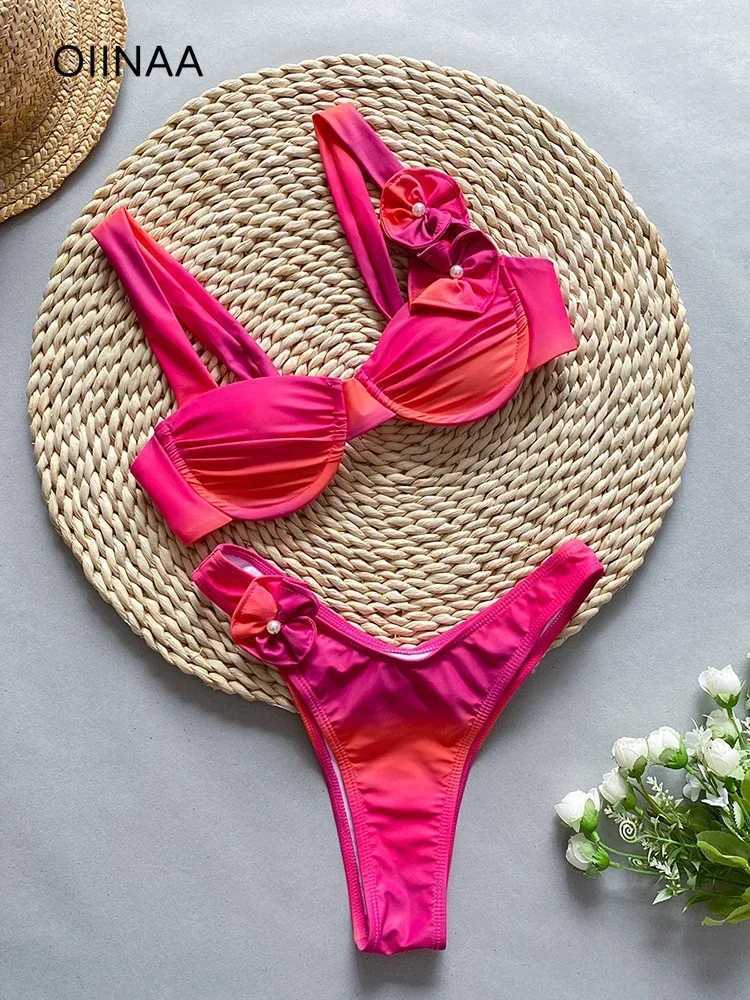OIINAA Bathing Suit Women Sexy 3D Floral Bikini Suit Pearl Swimwear Two-piece Tie Dye Swimsuit 2024 Thong Split Beachwear SummerXJ250120