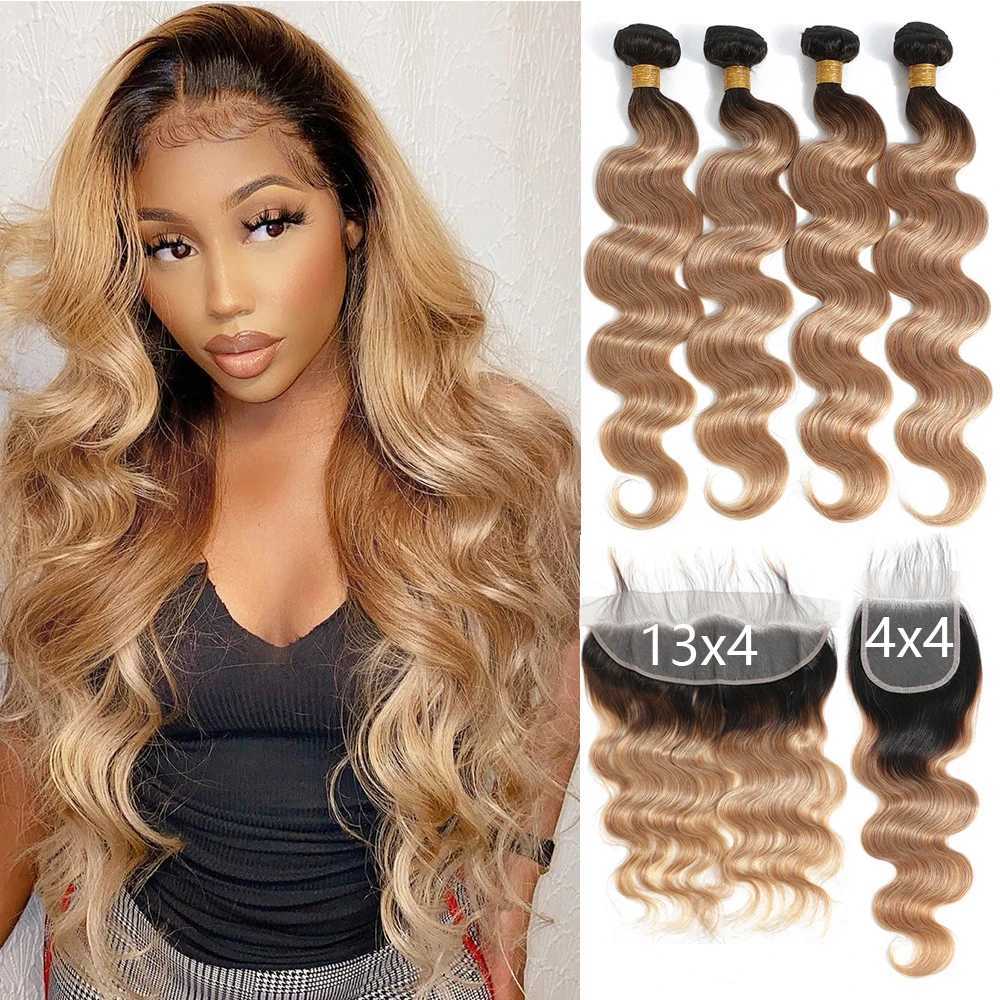 Ombre Body Wave Bundles With Frontal 1B/27 Blonde Colored Bundles With Clo Frontal Brazilian Human Hair Bundles With CloXJ250120