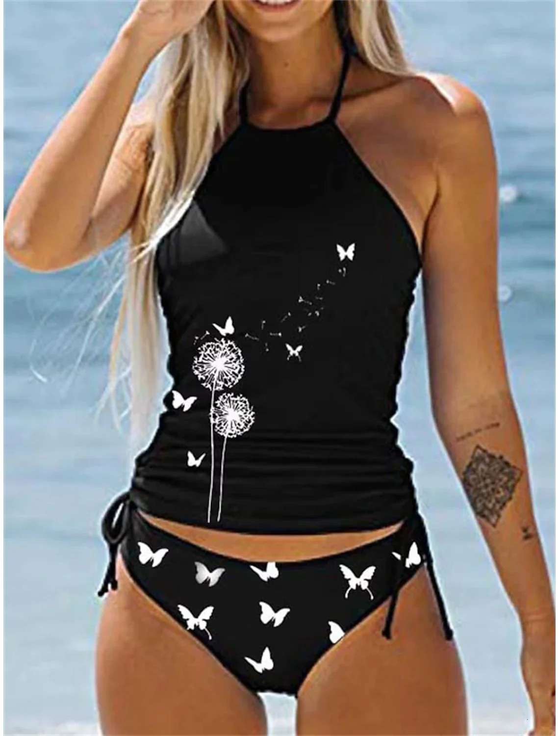 Summer Womens Double Strap Swimsuit Comfortable Vacation Beach Tankini Short Dandelion Print Bikini S-6XL 250109