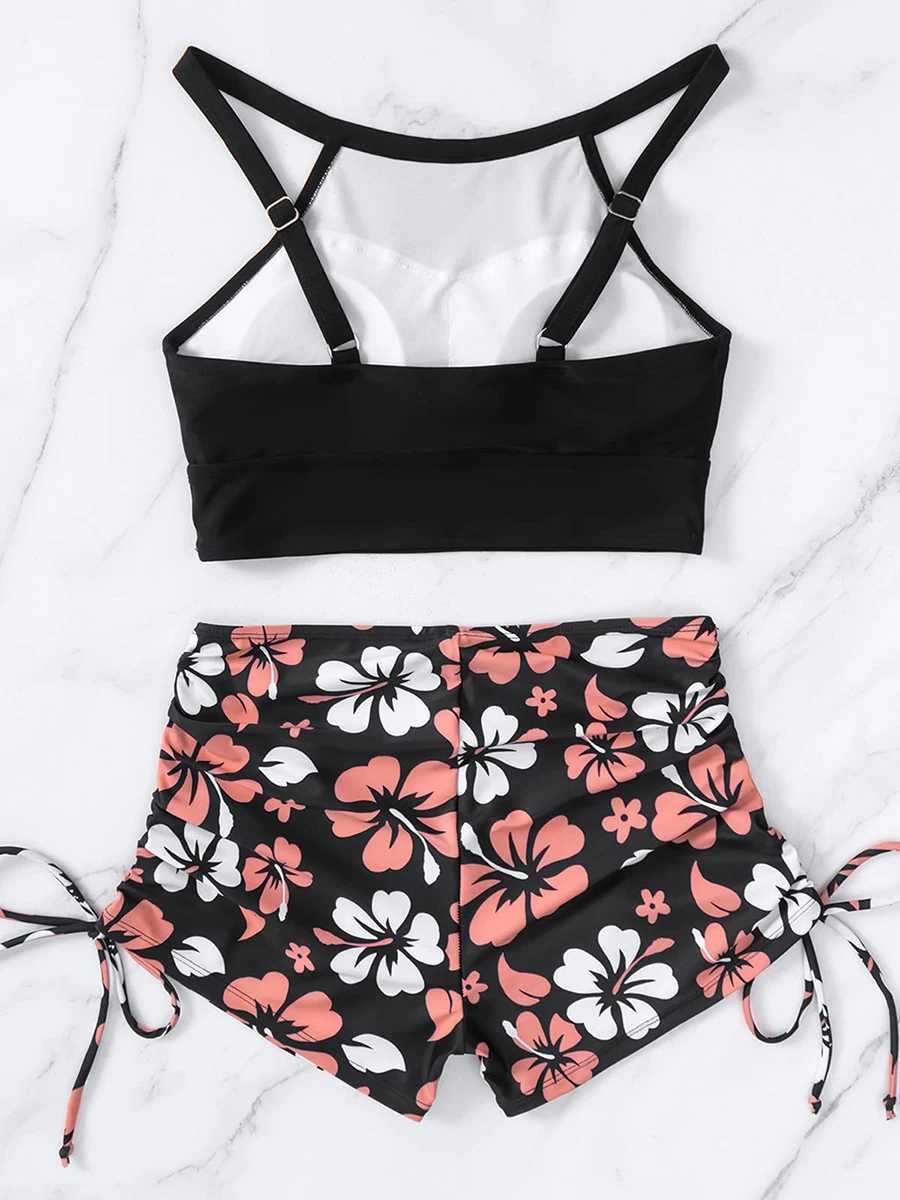 2024 High Waist Bikinis Women Neck Swimsuit Floral Swimwear Fe Drstring Shorts Bathers Bathing Swimming Suit BeachwearXJ250120