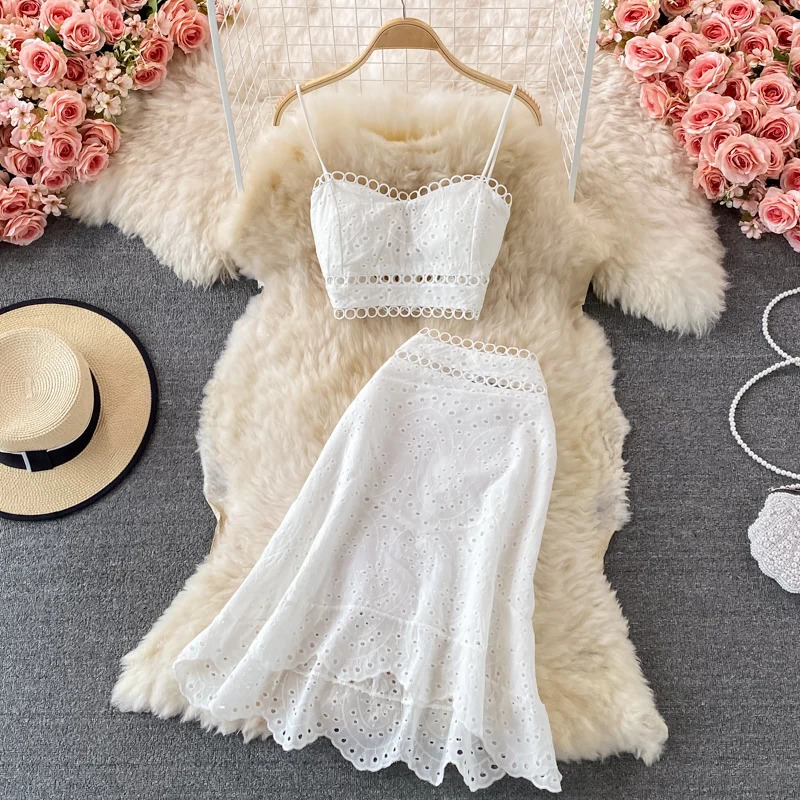 Summer Elegant Casual Fashion Skirts Suit Women Hallow Out Sleeveless Tanks Tops A-Line Saya Two Pieces Set Female Outfits 250113