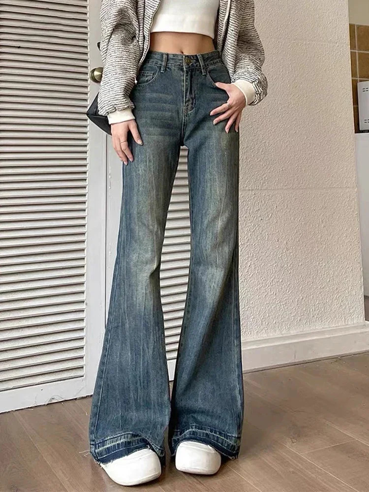 Winter Fashion Slim Fit Casual Retro Blue Womens Jeans American YK2 Unique Office Pocket Basic Women Flare Pants 250108