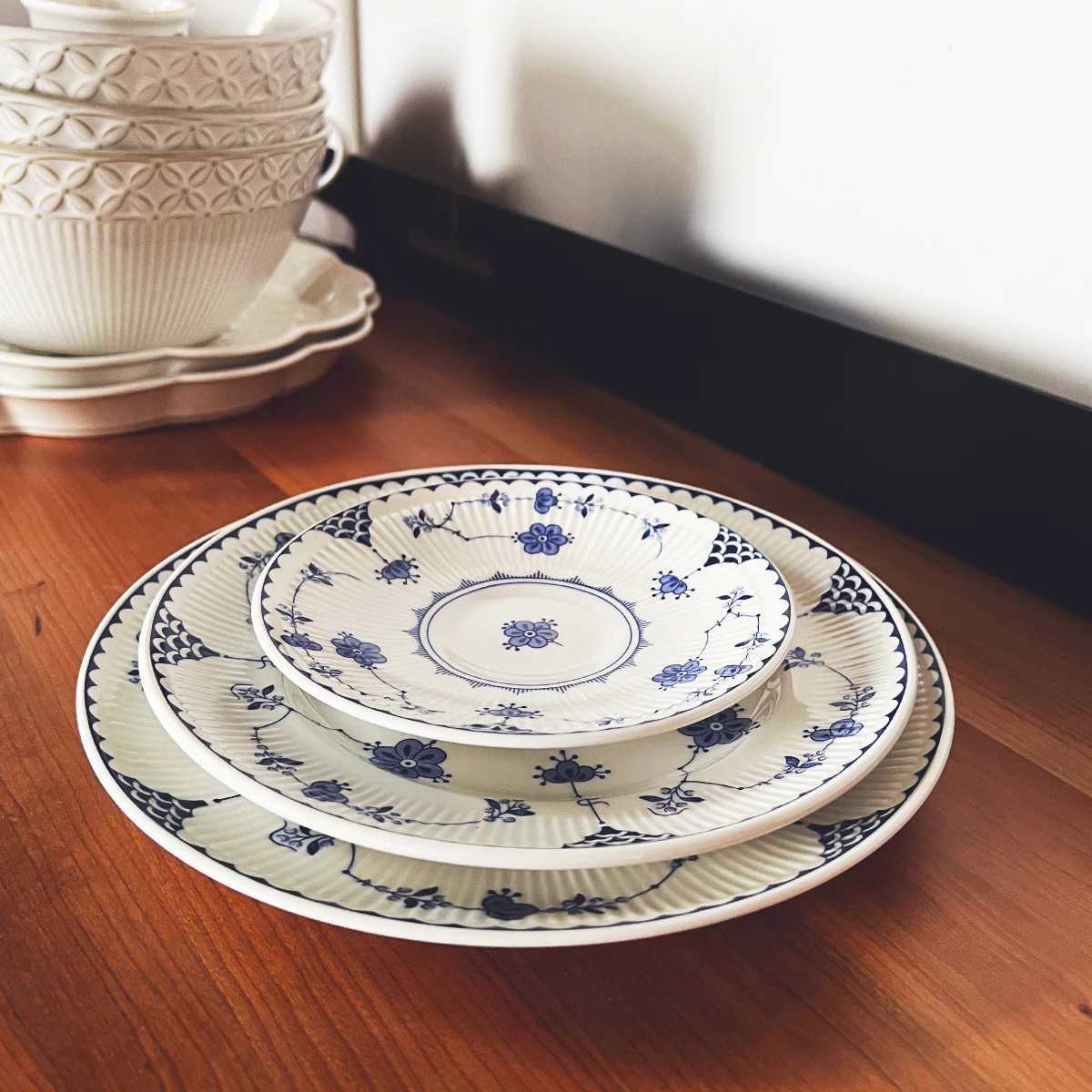 Vintage blue and white ceramic plate set coffee cup dessert rice bowl dinner plate set Instagram celebrity X250129