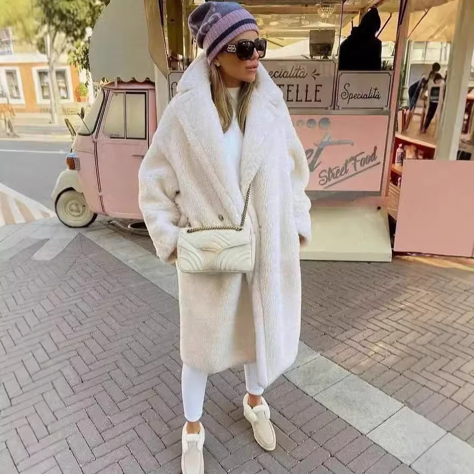Women's Winter Loose Imitation Fur Coat Solid Color Lapel Single Button Medium Long Windbreaker Thickness Lamb Wool Coats Xs-3Xl