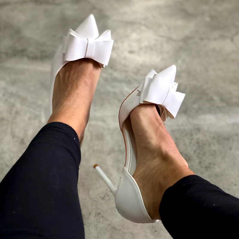 Women 7.5Cm 10Cm High Leather Pumps Scarpins Sweet Cute Bow Low Heels Lady Fetish Wedding Bridal Pink Yellow Blue Shoes