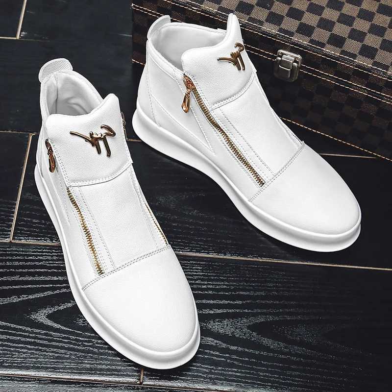White Leather Boots Personality Metal Mens Shoes Personality Metal Mens Double Zipper Boots Fashion Casual Leather Shoes Male M250121