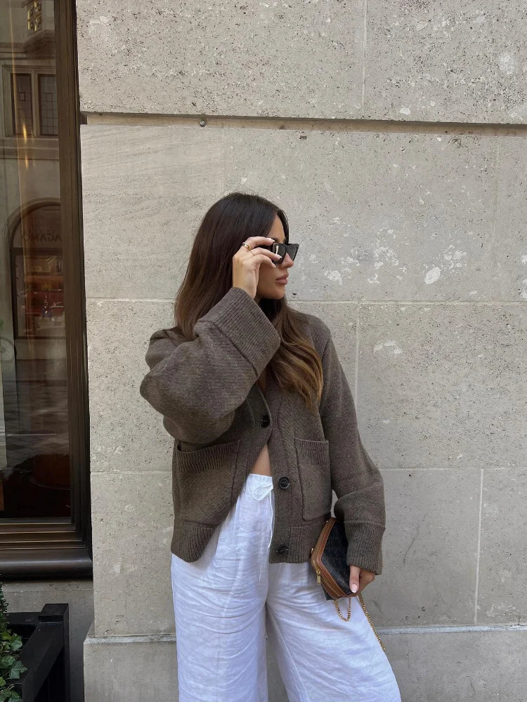 Casual V Neck Single Breasted Knitted Cardigan Women Retro Solid Long Sleeve Pocket Warm Sweater Lady Commute Loose Knitwear 250109Z