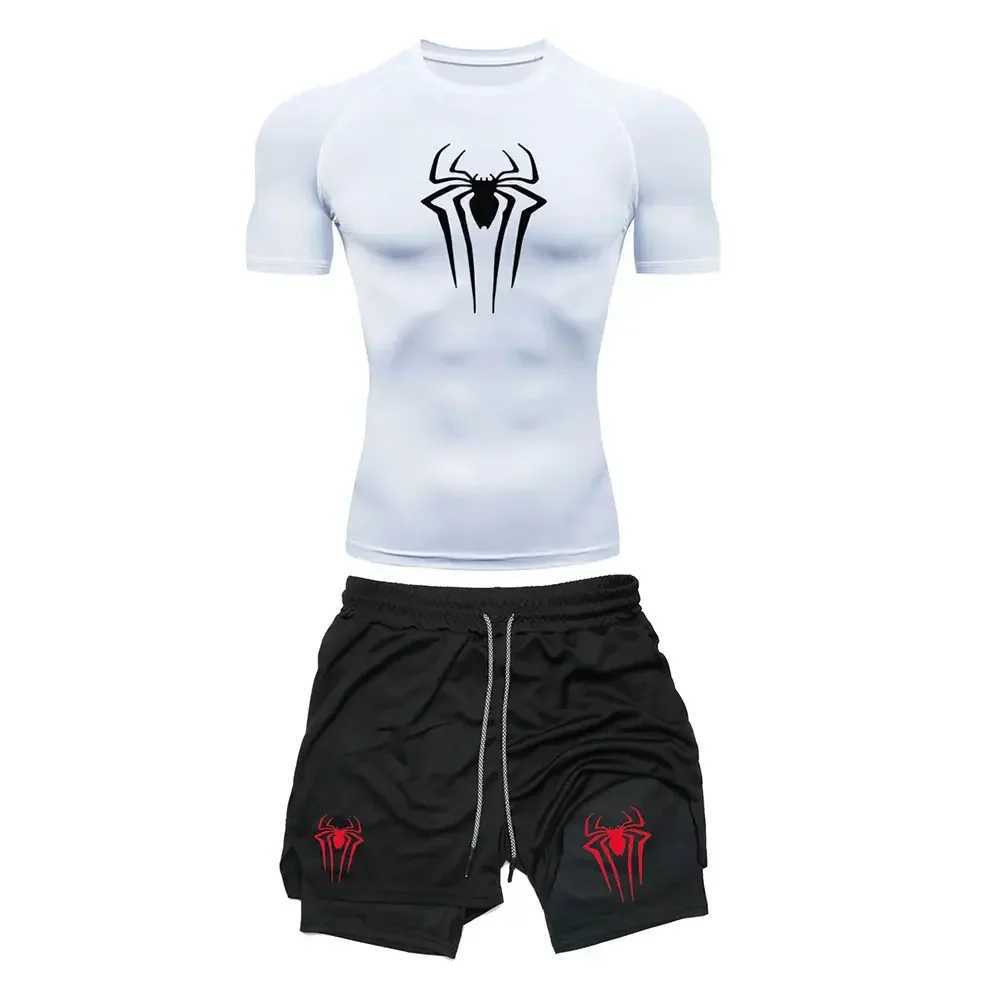 Mens sports compression set Y2K spider print gym T-shirt breathable running shorts quick drying sports protection Rush sportswear set X250129