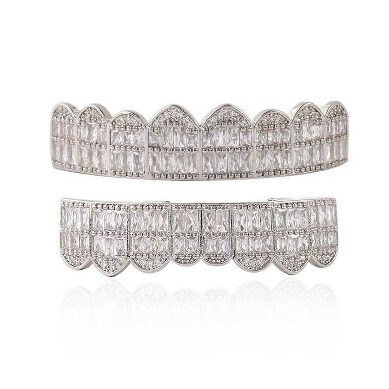 Hip Hop Full CZ Stones Long Teeth Grillz Caps Cubic Zircon Iced Out Micro Pave Top Bottom Charm Grills For Men Women JewelryXJ250114