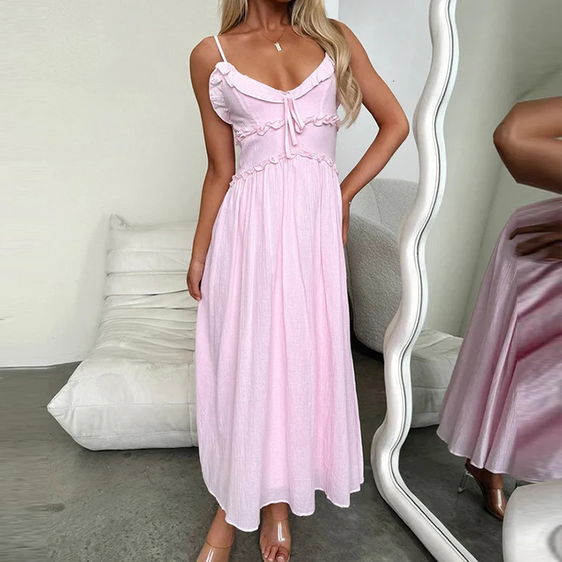 V Neck Ruffle Suspender Long Dresses Sexy Hollow Out Sleeveless Pleated Beach Dress Simple Solid Color Womens Holiday Dress 250113