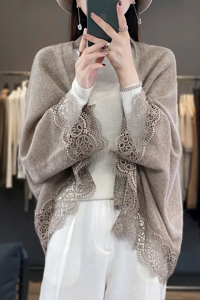 Lace Edge 100% Wool Knitted Shawl Spring Autumn Thin Womens Soft Skin friendly Breathable and Fashionable Cardigan 250120