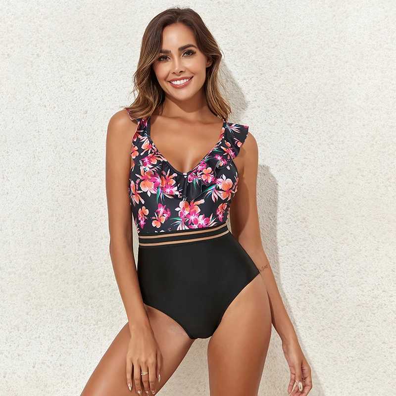 2024 New Swimsuits for Women One Piece Print Flower RuffleSwimwear Fe Padded Bra Monokini Swimming Bikini jer BeachwearXJ250120