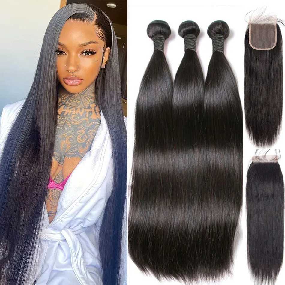 Bone Straight Bundles With Clo Brazilian Hair Weave Bundles With Clo 30 Inch Naturel Hair Bundles with Lace Frontal HairXJ250120