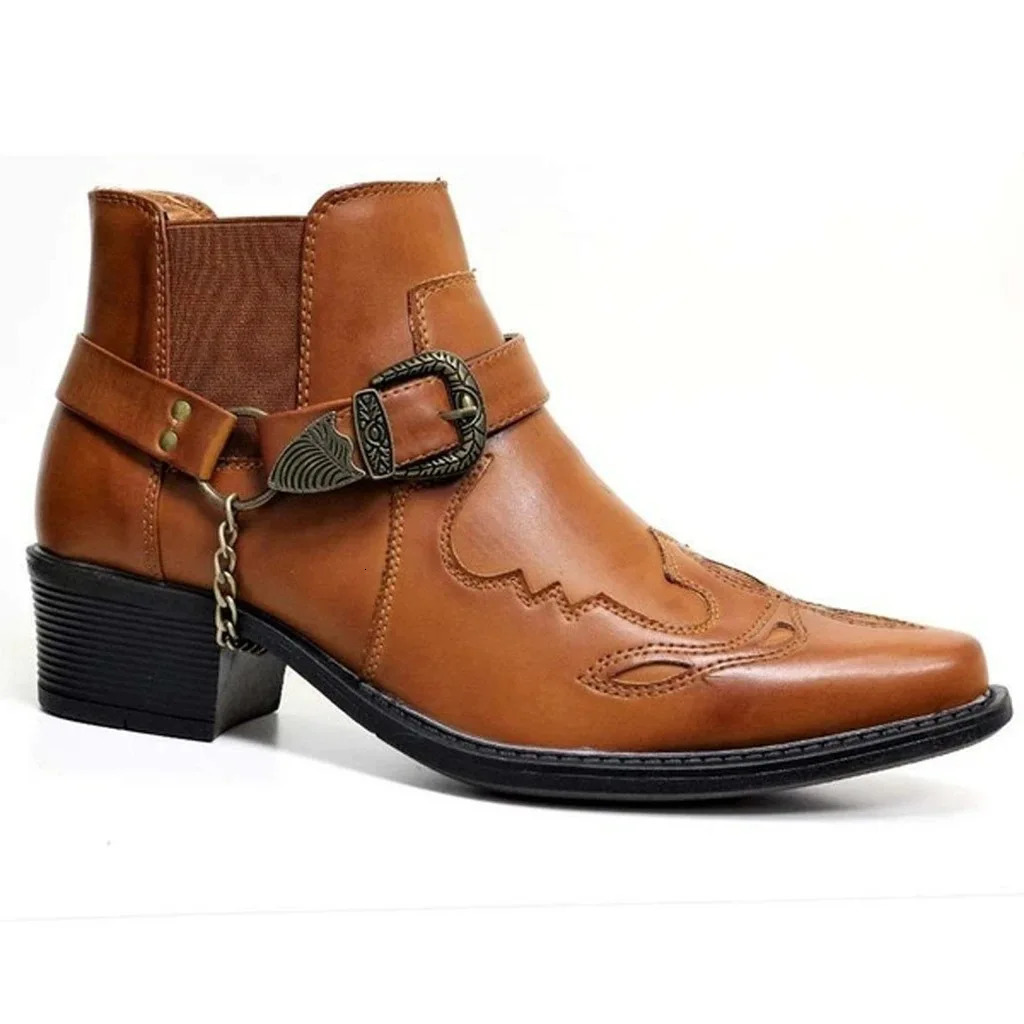 Mens Vintage Cowboy Boots Leather Buckle Strap Punk ankle boots Pointed Toe Motorcycle Boots buty do kostki sepatu pria M812 250120