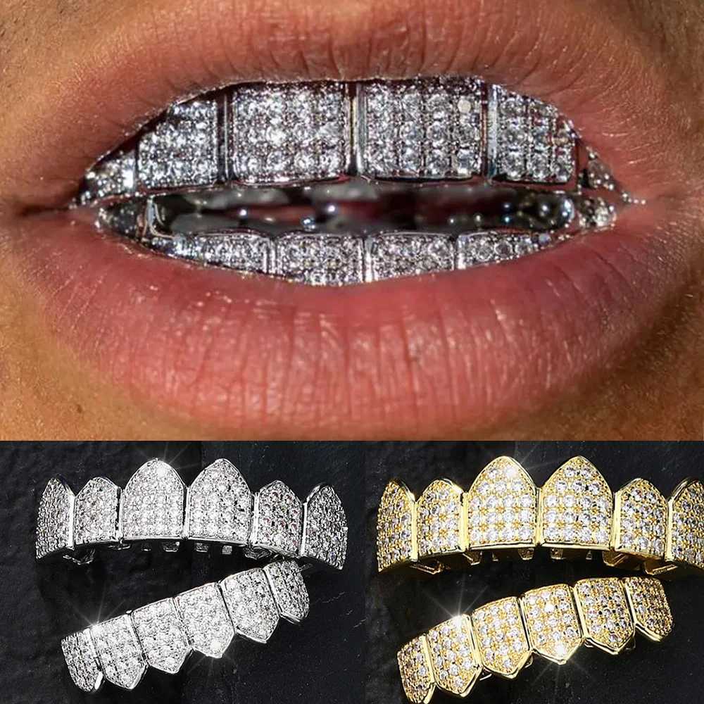 RACHELZ Full Iced Out CZ Stone Tooth Caps Braces For Women Men Jewelry Hip Hop Shiny Zircon Teeth Grillz Fangs CosplayXJ250114