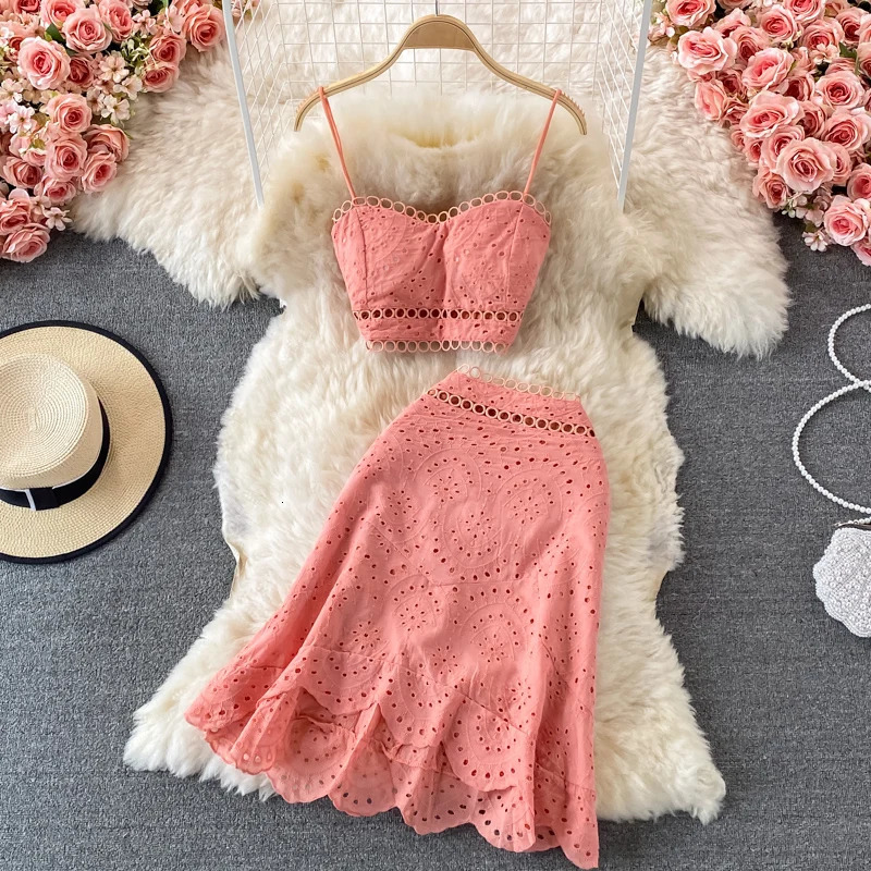 Summer Elegant Casual Fashion Skirts Suit Women Hallow Out Sleeveless Tanks Tops A-Line Saya Two Pieces Set Female Outfits 250113