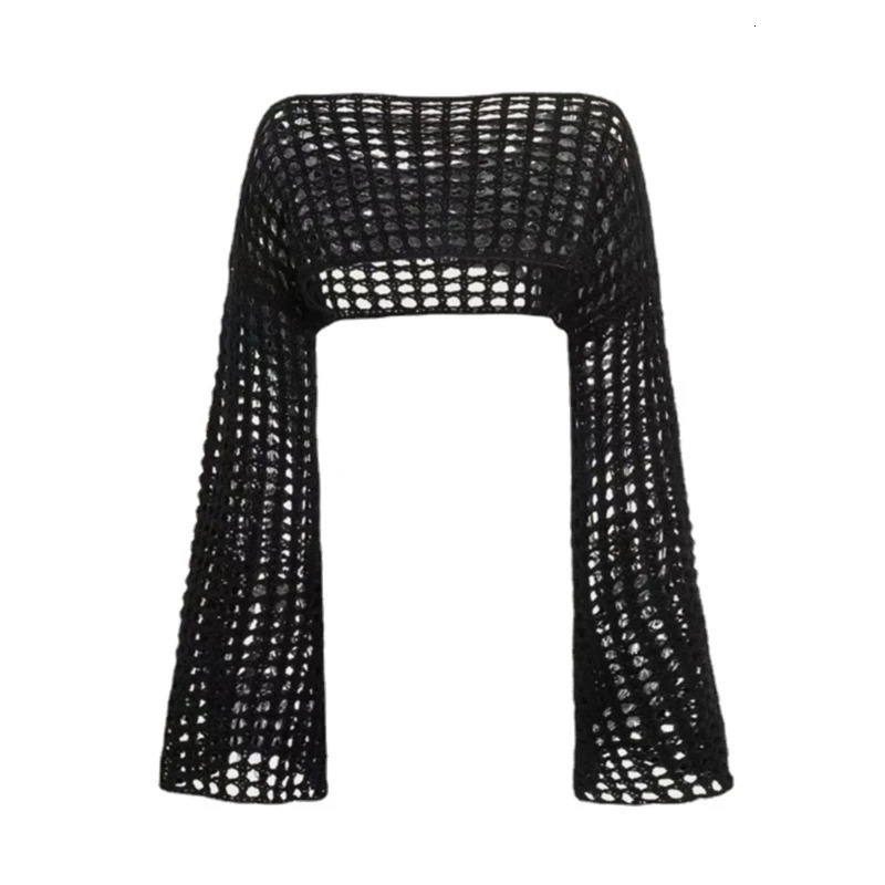 Womens Grunge-Crochet Knit See Through Crop Tops Cover Up Shrug Long Sleeve Neck Casual Cropped Smock Top Blouse 250122