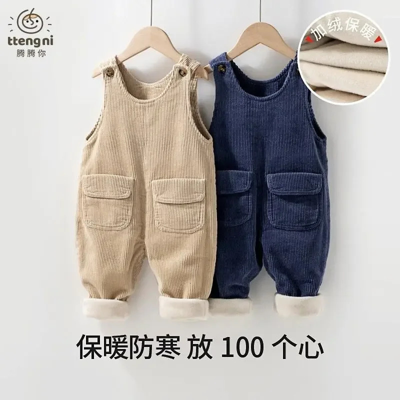 ChildrenS Corduroy Overalls Winter Thickened Plus Velvet Jumpsuits Baby Warm OnePieces Bodysuit Boys Girls Retro Simple Trouse 250117