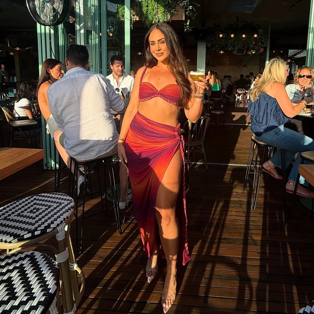 Sexy Gradient 3 Pieces Bikini Set With Cover Up Push Up Bikinis Women Swimsuit Female Swimwear Long Skirt Bathing Suit Beachwea 250122