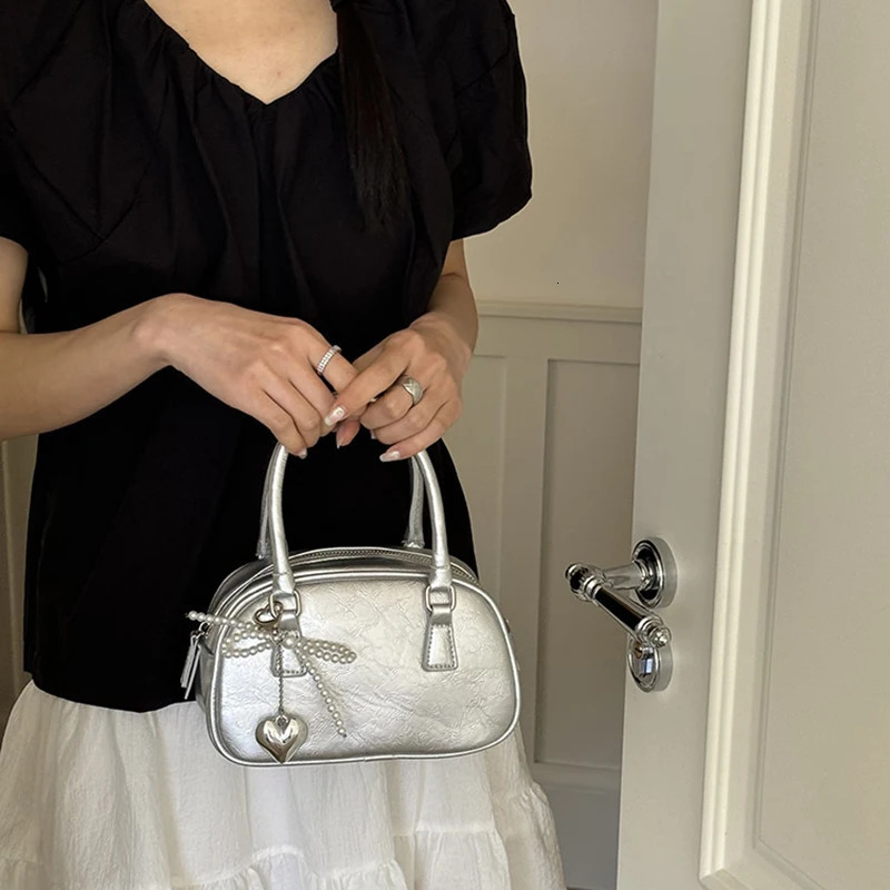 Silver small square PU handheld crossover bag bowling fashionable and casual womens Boston commuting 250122