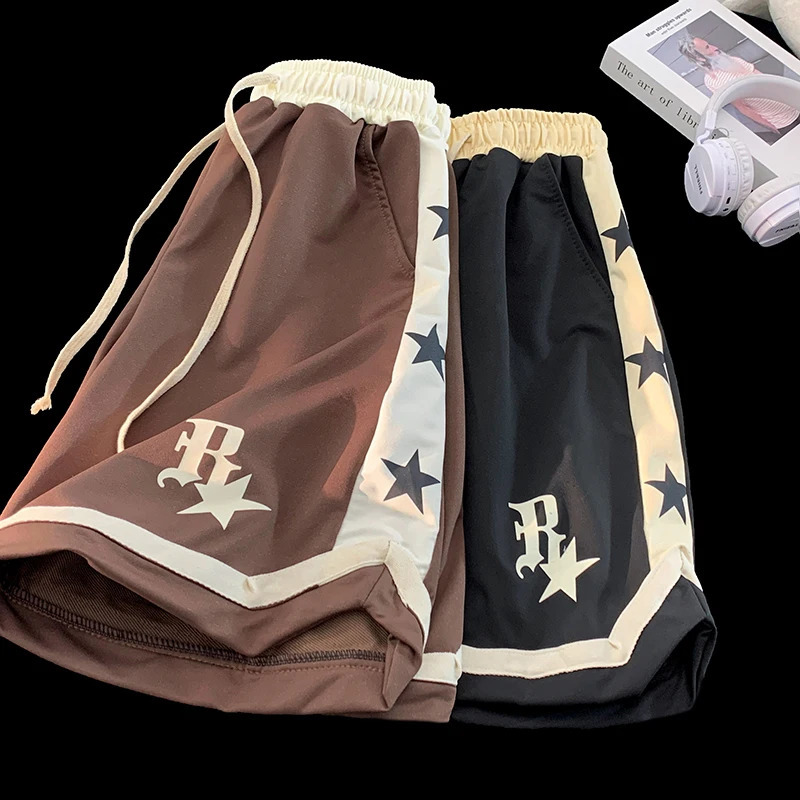 High Street Hip Hop Casual Shorts Mens Summer Splicing Star Printed Loose Straight Sports Shorts from the United States 250110