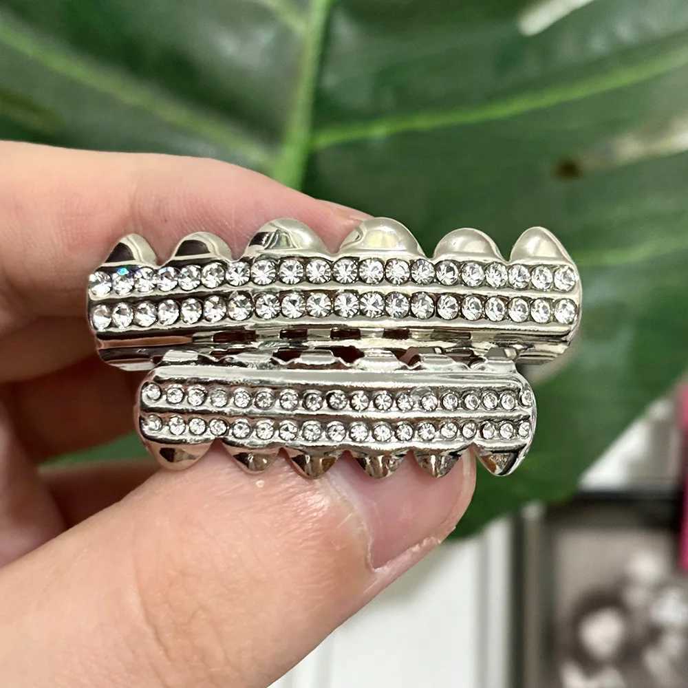 RACHELZ Hip Hop CZ Stone Teeth Grillz Caps 14K Gold Plated Double Row Cubic Zircon Tooth Grills For Women Men Jewelry GiftXJ250114