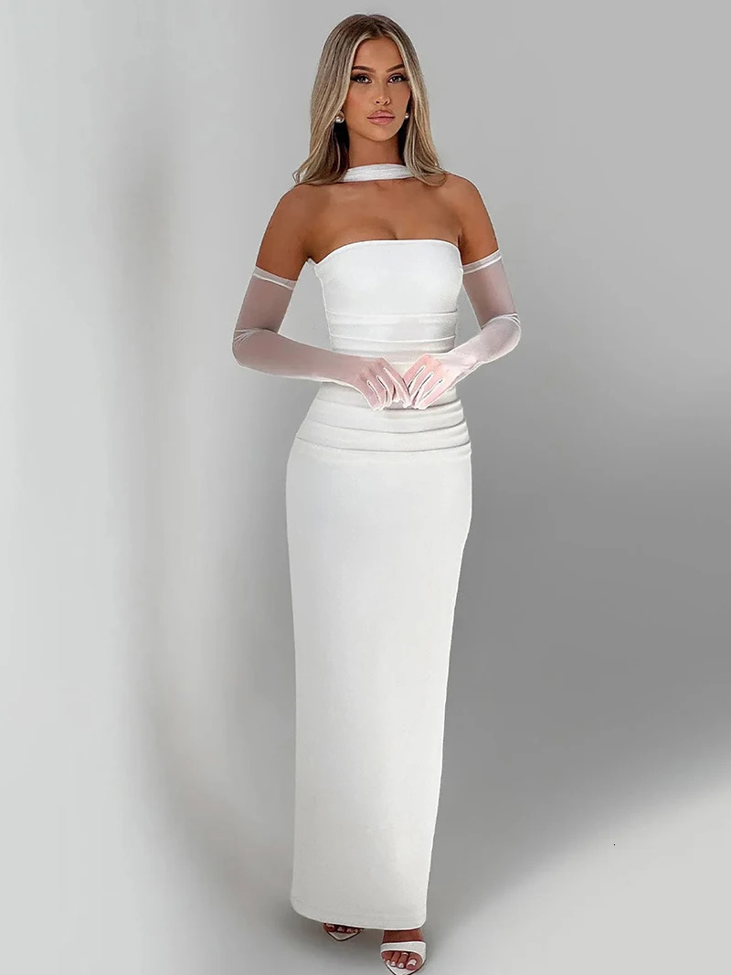 DGLUKE Elegant Strapless Maxi Dresses Woman Ruched Bodycon Backless Long Dress Burgundy Evening Prom Dress With Gloves 250107