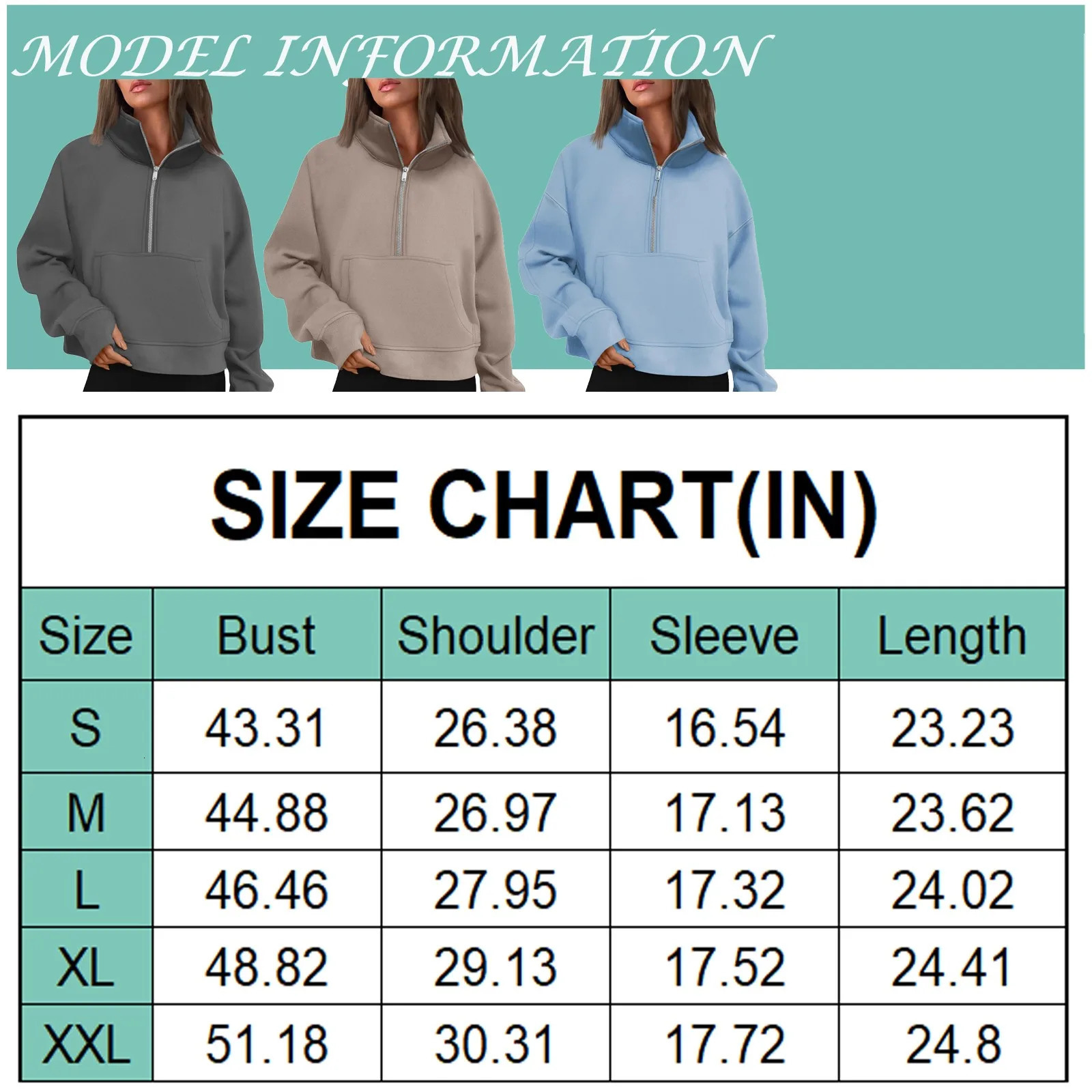 Womens Stand Collar Plus Fleece Solid Color Hoodie Long Sleeve Pocket Loose Half Zip Pullover Top 250122