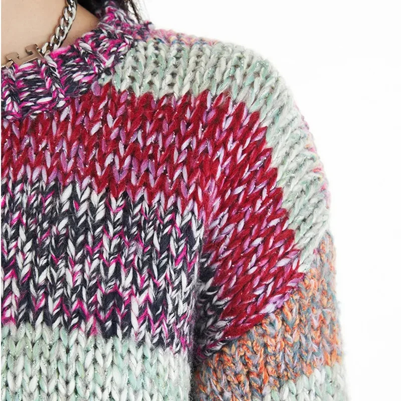 Striped Multi Color Sweater Knitted Crew Neck Jumper Drop Shoulder Rainbow Knitwear AutumnWinter Woman Clothing 250114