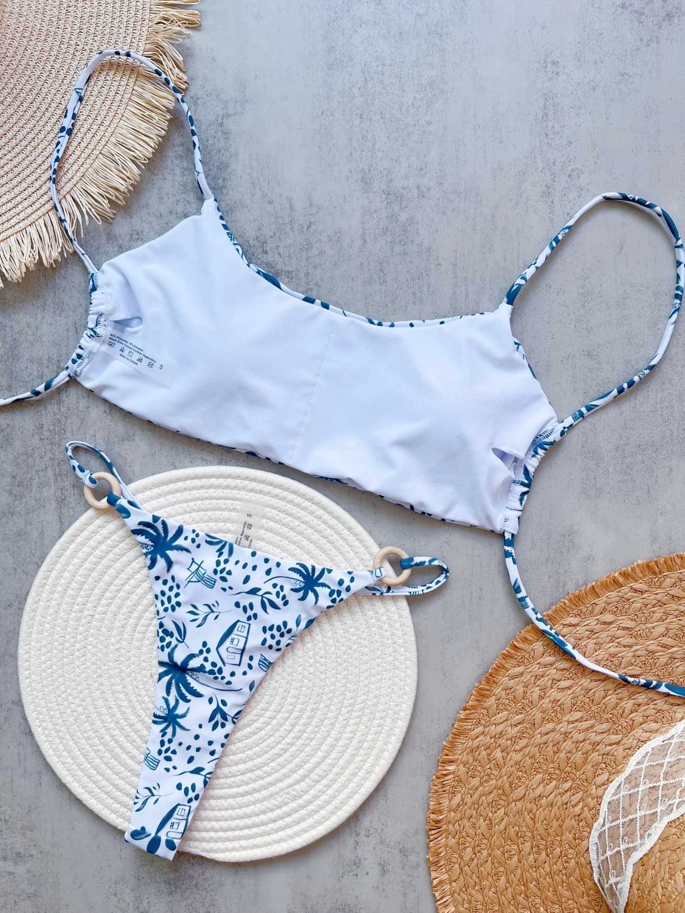 RUOTONGSEPT Women Swimsuit Knitted Bikini Set Sexy Blue White Print Split Swimsuit Bikini Brazilian Triangle SwimwearXJ250120