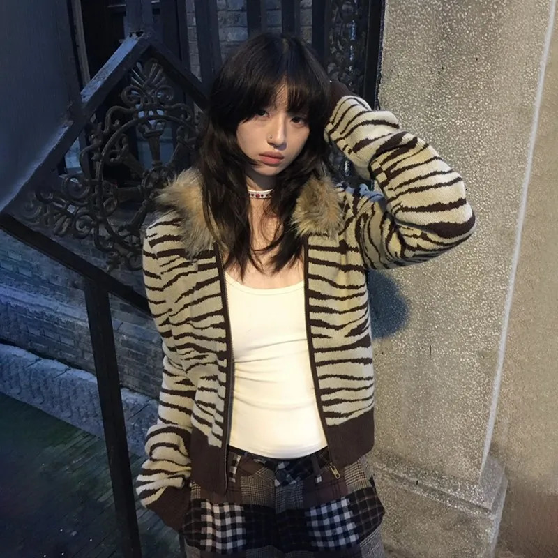 Karrram Japanese Y2k Fur Collar Cardigans Vintage Harajuku Leopard Hooded Knitwear Grunge Aesthetics Fur Coat American Retro 00s 250122
