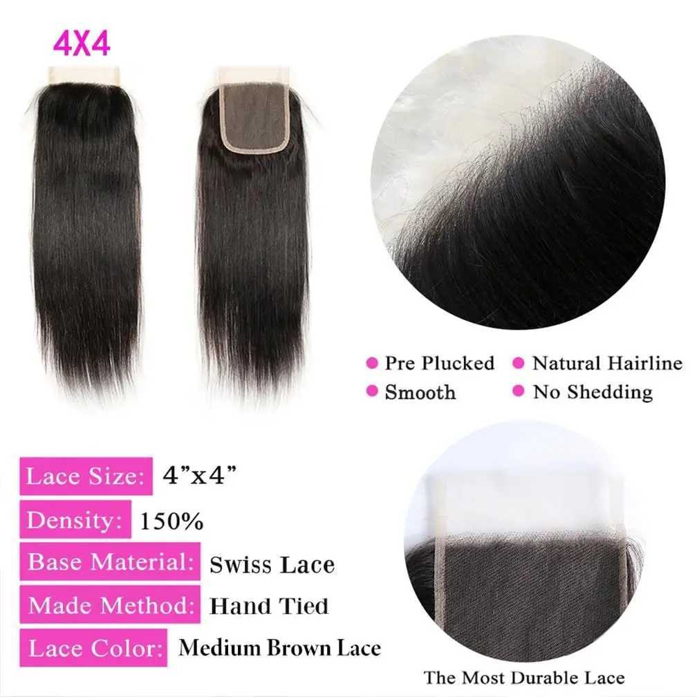 Straight Bundles and Clo Brazilian Human Hair 3 Bundles with 4x4 HD Clo Pre Plucked Natural Black Bundles with CloXJ250120