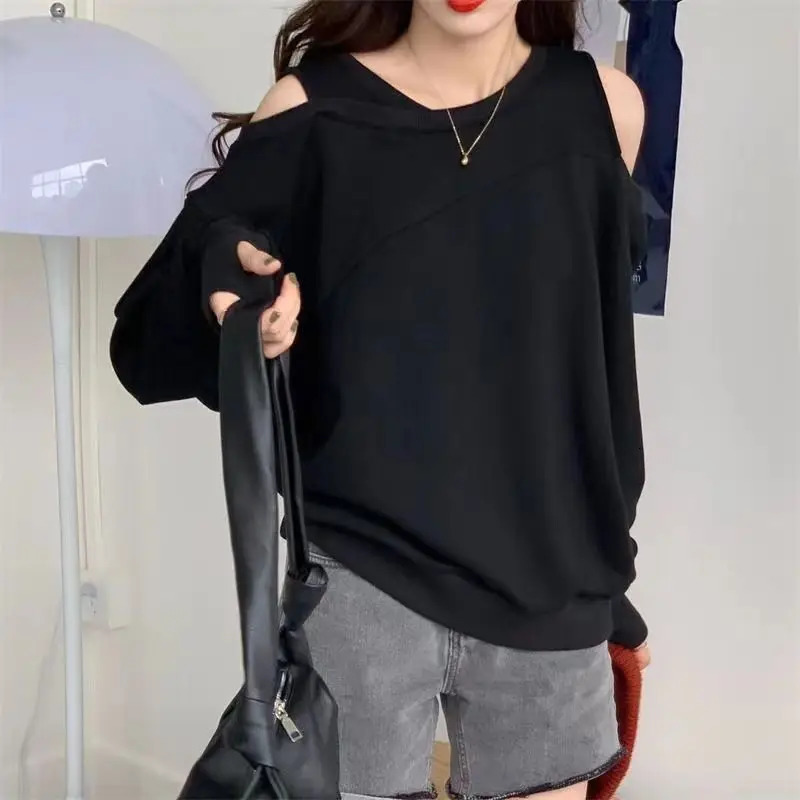 Vintage Hollow Out Off Shoulder Loose Hoodies Spring Autumn Long Sleeve Korean Pullovers Top Fashion Casual Women Clothing 250122