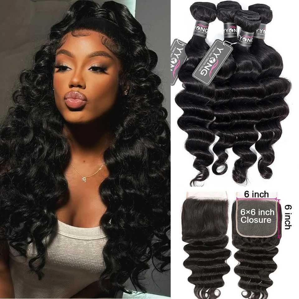 Yyong Loose Deep Wave Bundles With 6x6 Lace Clo Brazilian Remy Human Hair Bundles With Clos 3/4 Bundles With CloXJ250120