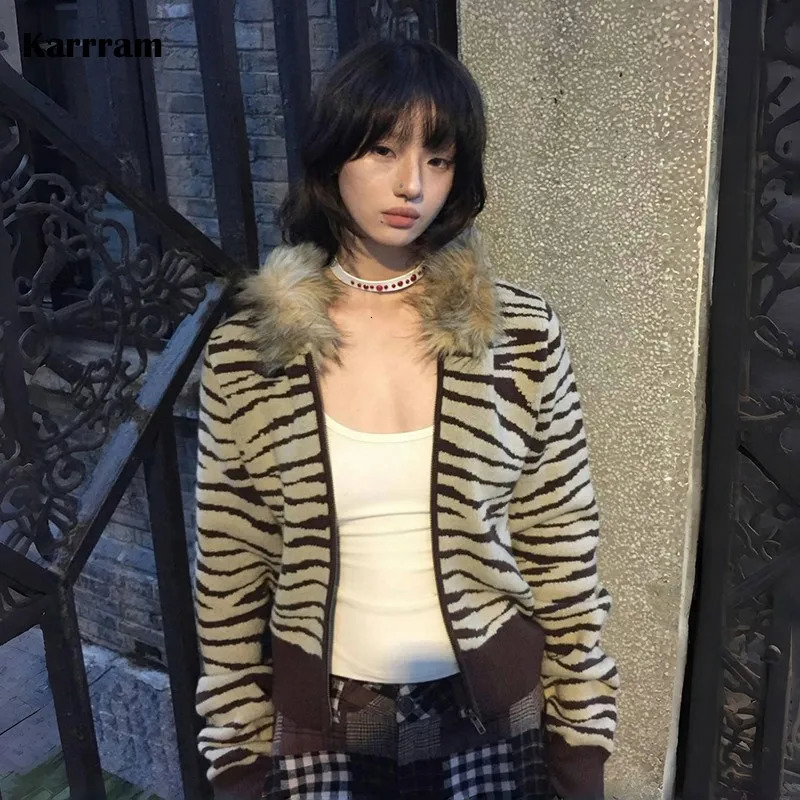 Karrram Japanese Y2k Fur Collar Cardigans Vintage Harajuku Leopard Hooded Knitwear Grunge Aesthetics Fur Coat American Retro 00s 250122