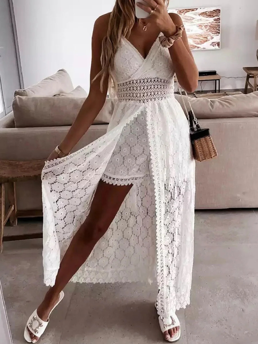 all Women Spaghetti Straps Long Beach Dress Boho Summer Sleeveless Hollow Out Floral Lace Playsuit Sundress Lady Outfit 250117