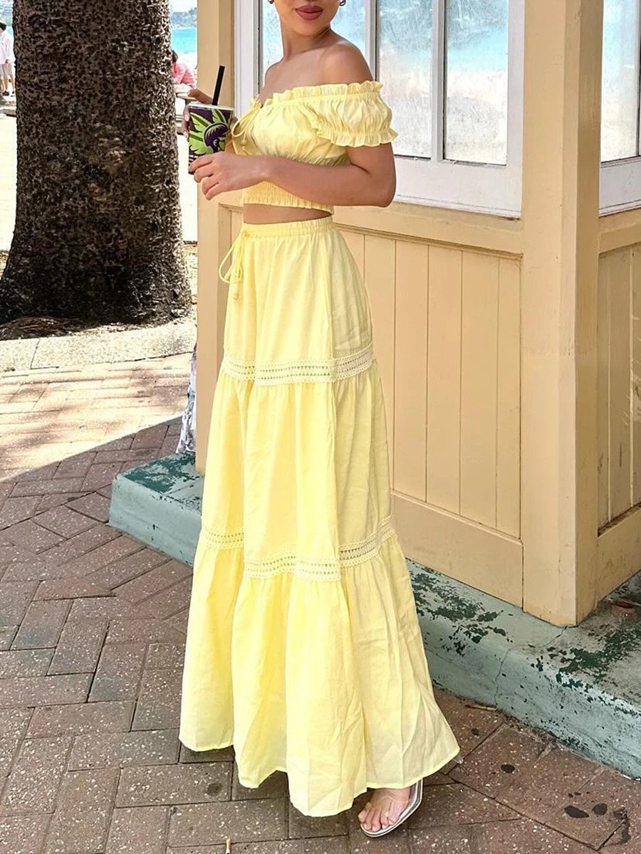 Summer womens 2-piece Bohemian dress shoulder cut top paired with high waisted long skirt beach dress set 250110