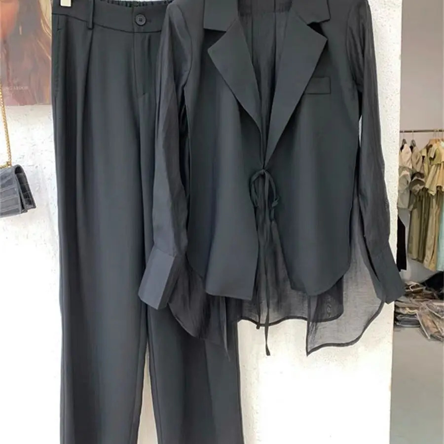 Summer Hollow Sun Protection Chiffon Shirt Blazer Wide Leg Pants Two Piece Set Elegant Womens Office Outfits 250114Z