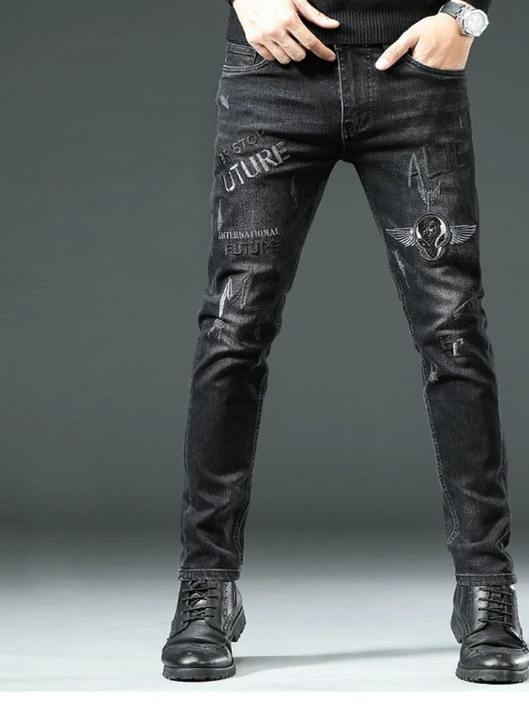 High End Stylish Classic Distinctive Printed Black Stretch Denim Jeans for Men High Quality Slim Fit Stretch Denim Pants 250118