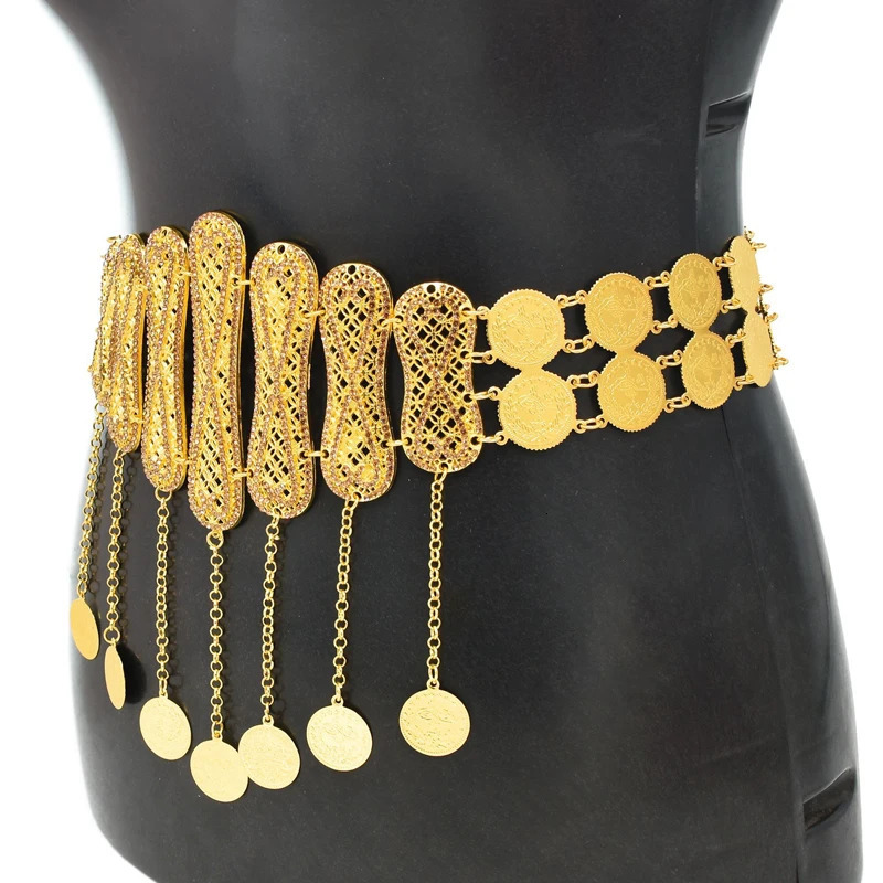 Rhinestones Women Body Chains Bohemian Ethnic Gypsy Coins Tassels Waist Chains Glossy Metal Bilayer Carved Belly Dance Chains 250117