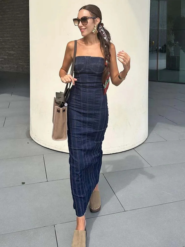 TRAF 2023 Dresses for Women Tube Top Elastic Tight Dress Summer Backless Sexy Evening Denim Midi Party 250121