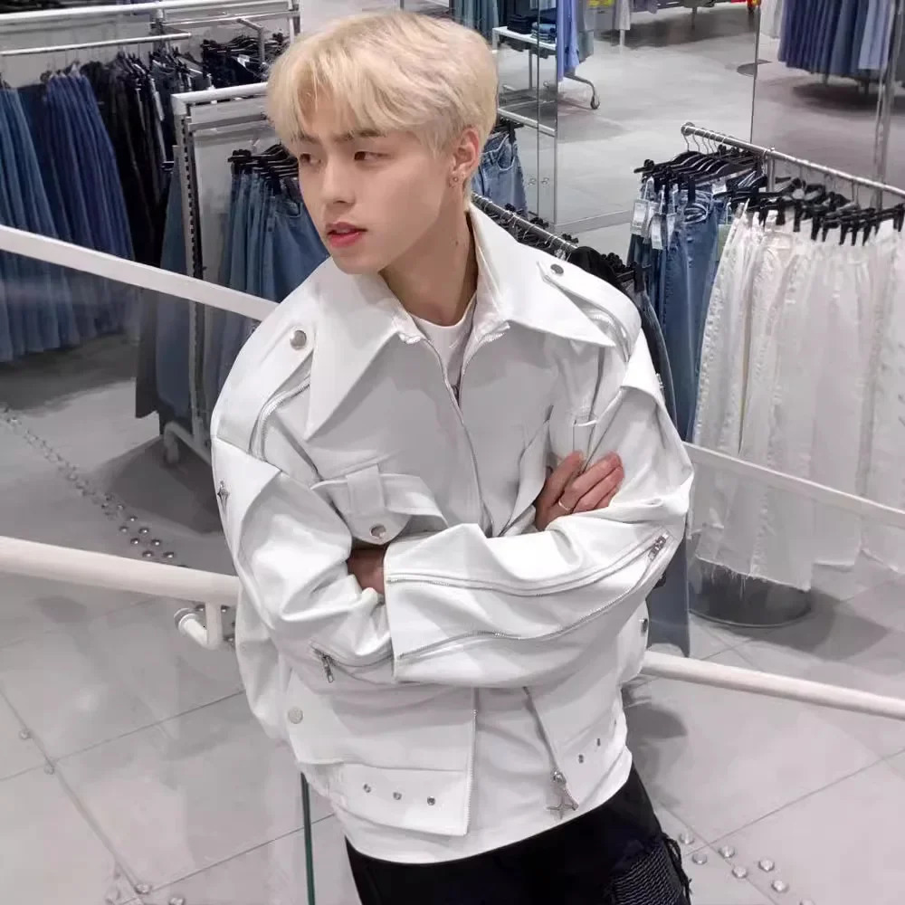 Vintage American Style White Leather Jacket For Men Casual Trendy Niche Cropped Motorcycle Jacket Loose Fit Spring Autumn 250120