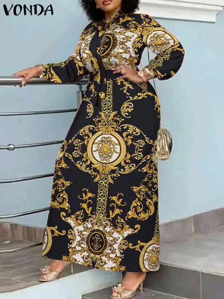 VONDA Maxi Dress Summer Women Bohemian Printed Party Sundress Long Sleeve Stand Collar Casual Robe Holiday Dresses Belted 250117